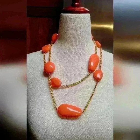 RARA Vintage kenneth Jay lane necklace Coral orange with golden chain KJL - Picture 2 of 9